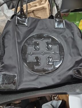 Tory Burch Black Nylon Tote with Patent Logo Accents